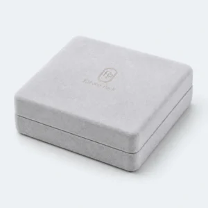 Custom Luxury Gray Suede Hinged Jewelry Box with LED Light - closed product view