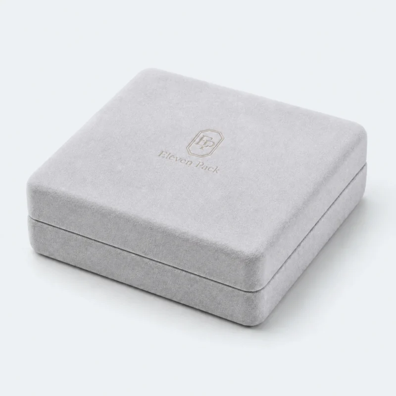 Custom Luxury Gray Suede Hinged Jewelry Box with LED Light - closed product view