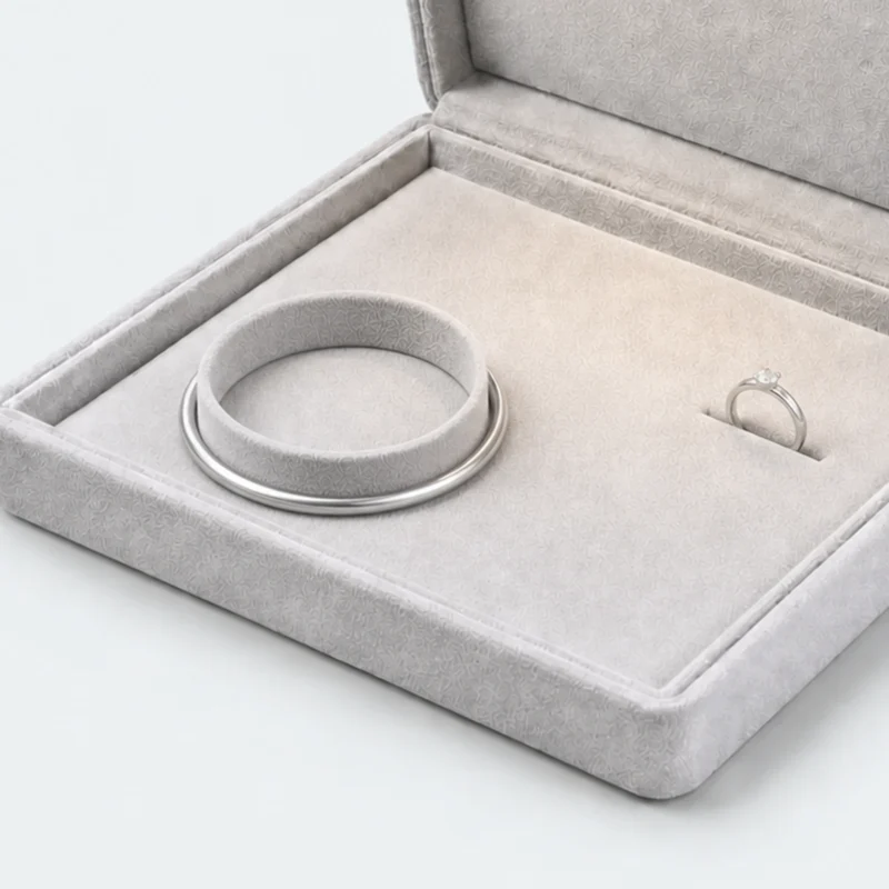 Custom Luxury Gray Suede Hinged Jewelry Box with LED Light - led insert detail
