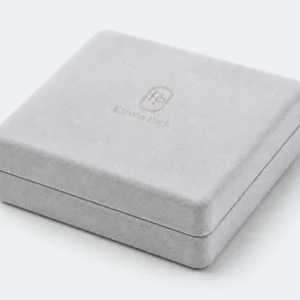 Custom Luxury Gray Suede Hinged Jewelry Box with LED Light - suede logo finish detail