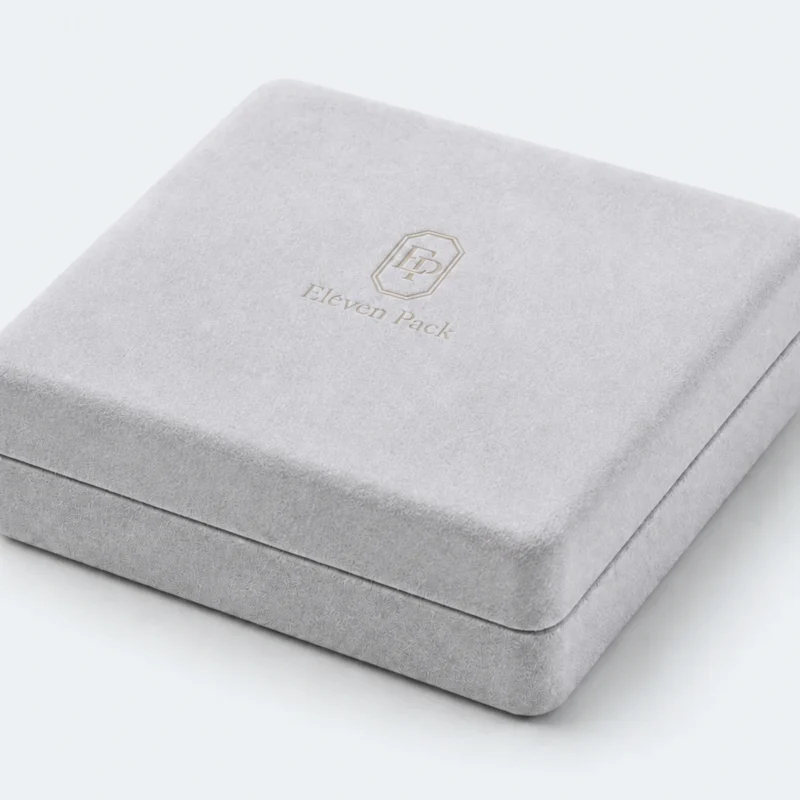 Custom Luxury Gray Suede Hinged Jewelry Box with LED Light - suede logo finish detail