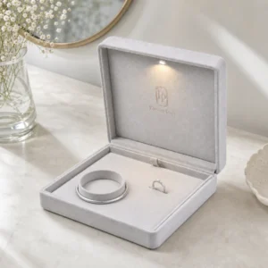 Custom Luxury Gray Suede Hinged Jewelry Box with LED Light - in-use jewelry presentation scene