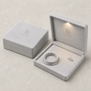 Custom Luxury Gray Suede Hinged Jewelry Box with LED Light - coordinated packaging system scene