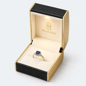 Custom Black PU Leather Flip Top Ring Box with LED - open product presentation with jewelry