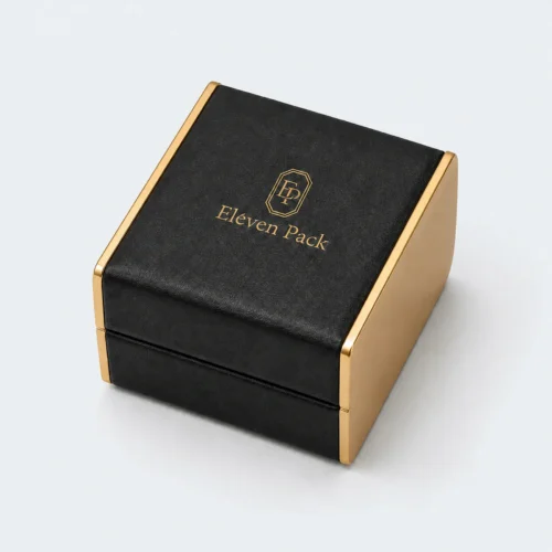 Custom Black PU Leather Flip Top Ring Box with LED - closed product view
