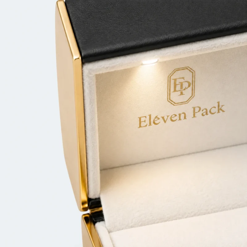 Custom Black PU Leather Flip Top Ring Box with LED - led ring insert detail