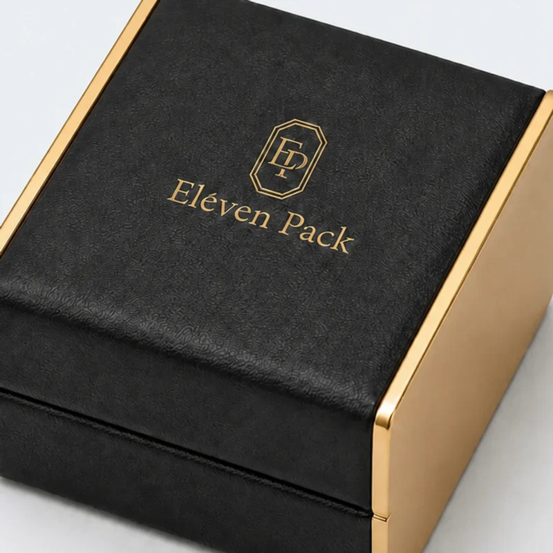 Custom Black PU Leather Flip Top Ring Box with LED - gold edge logo detail