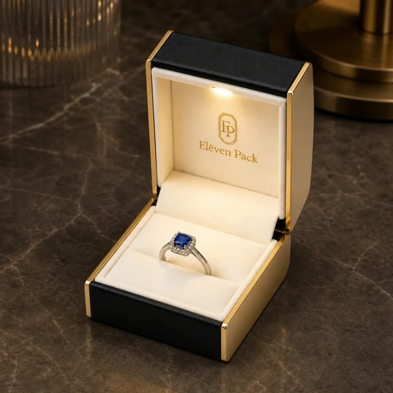Custom Black PU Leather Flip Top Ring Box with LED - in-use jewelry presentation scene