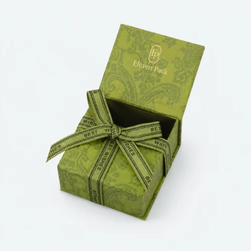 Green Paper Flip-Top Ribbon Bow Printed Gift Box - open product view - GB-BM-02-P17
