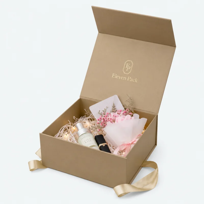 Gold Paper Magnetic Flip-Top Ribbon Bow Gift Box - open product view - GB-BM-02-P22 Gold Paper Magnetic Flip-Top Ribbon Bow Gift Box - open product view - GB-BM-02-P22