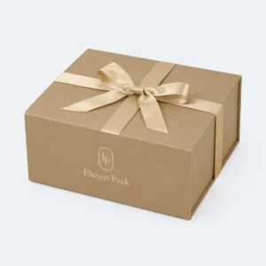 Gold Paper Magnetic Flip-Top Ribbon Bow Gift Box - closed product view - GB-BM-02-P22 Gold Paper Magnetic Flip-Top Ribbon Bow Gift Box - closed product view - GB-BM-02-P22