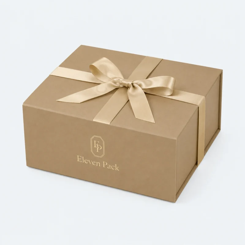 Gold Paper Magnetic Flip-Top Ribbon Bow Gift Box - closed product view - GB-BM-02-P22 Gold Paper Magnetic Flip-Top Ribbon Bow Gift Box - closed product view - GB-BM-02-P22