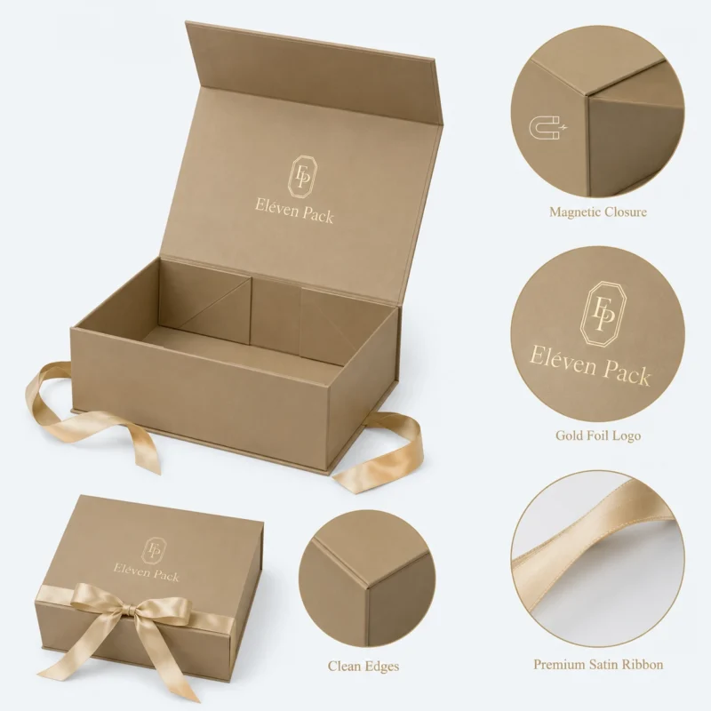 Gold Paper Magnetic Flip-Top Ribbon Bow Gift Box - material or structure detail - GB-BM-02-P22 Gold Paper Magnetic Flip-Top Ribbon Bow Gift Box - material or structure detail - GB-BM-02-P22