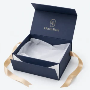 Dark Blue Paper Magnetic Flip-Top Ribbon Bow Gift Box - open product view - GB-BM-02-P23