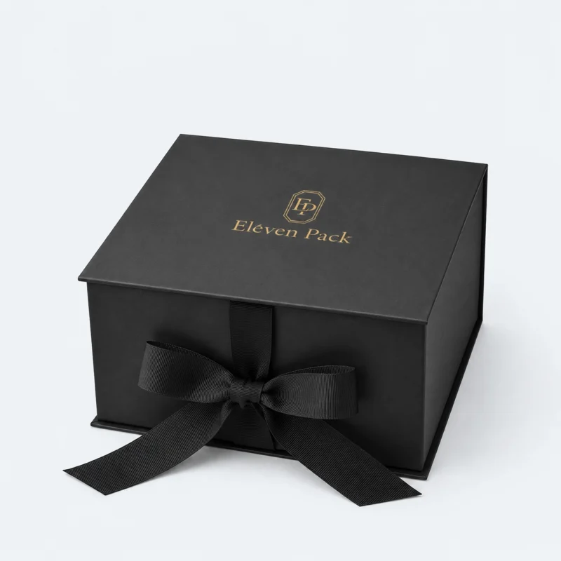 Black Magnetic Closure Ribbon Bow Matte Cardboard Gift Box - closed product view - GB-BM-02-P37 Black Magnetic Closure Ribbon Bow Matte Cardboard Gift Box - closed product view - GB-BM-02-P37