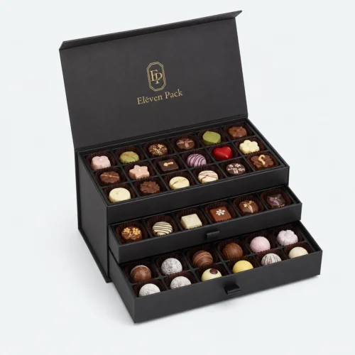 Black Flip-Top Three-Layer Cardboard Chocolate Gift Box - open product view - GB-BM-02-P64