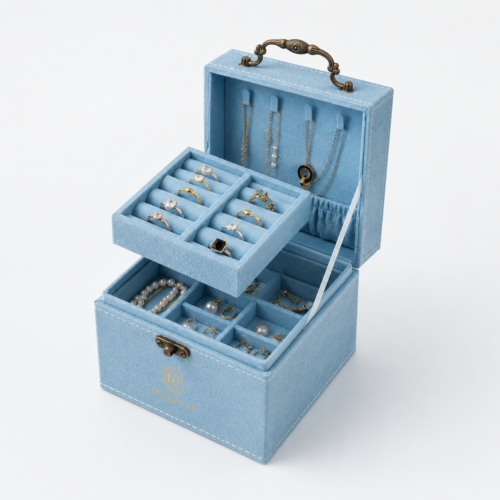 Blue Fabric Hinged Luxury Jewelry Gift Box - open product view - GB-BM-03-P12