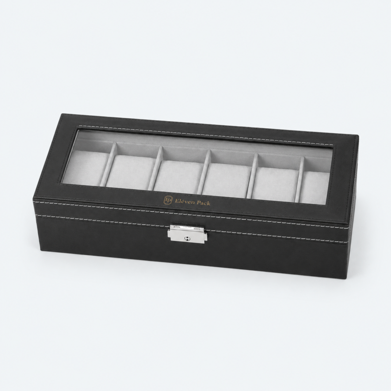 Black Leather Window Luxury Watch Gift Box - closed product view - GB-BM-04-P1 Black Leather Window Luxury Watch Gift Box - closed product view - GB-BM-04-P1