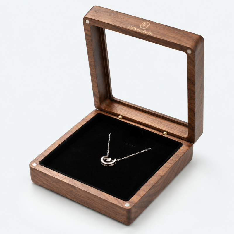 Walnut Flip-Top Wooden Necklace Gift Box - open product view - GB-BM-06-P10 Walnut Flip-Top Wooden Necklace Gift Box - open product view - GB-BM-06-P10