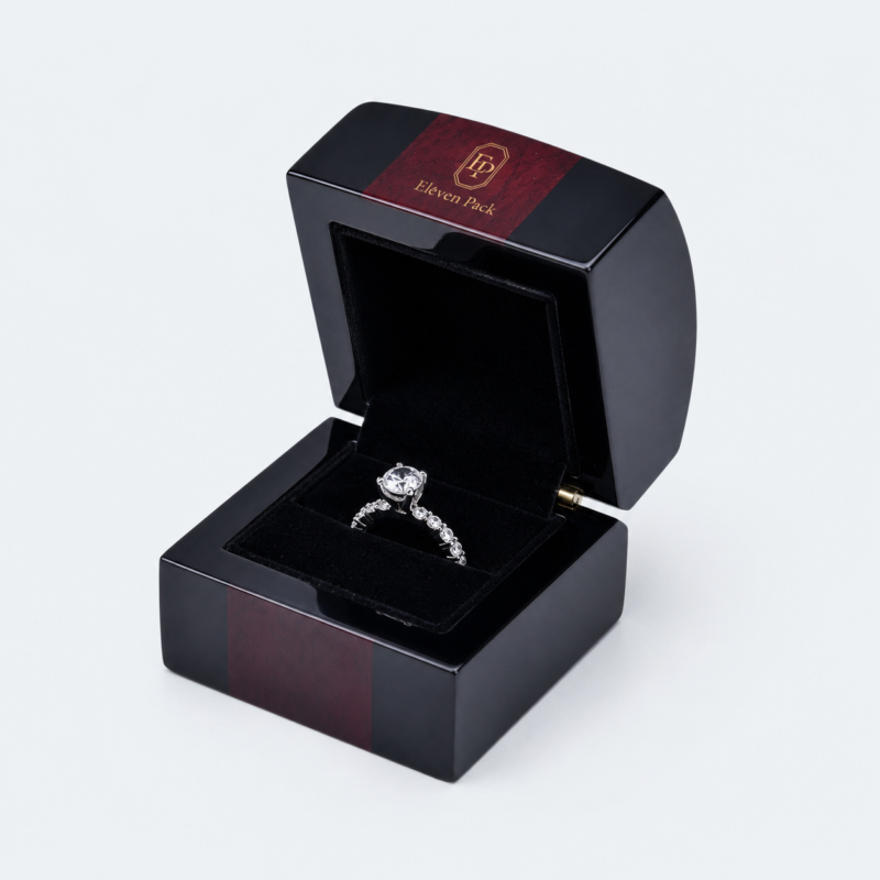 Black Wooden Luxury Ring Gift Box - open product view - GB-BM-06-P12