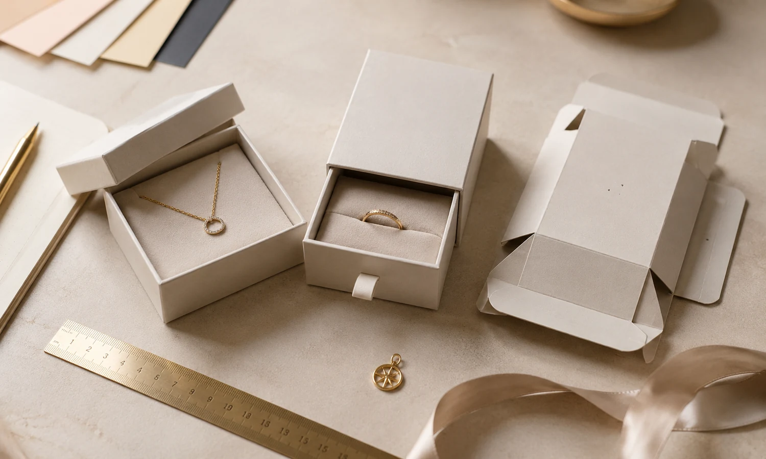 Gift box template crease beside a partially assembled paperboard mockup