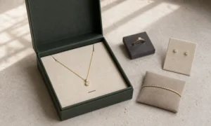 Necklace box with ring, earring, and bracelet insert samples for different jewelry types.