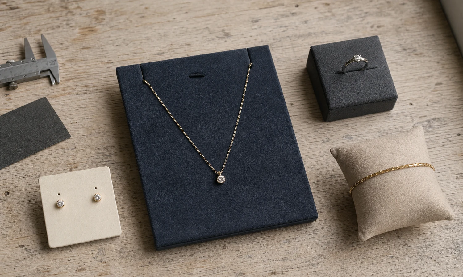 Jewelry box insert formats compared beside the products they are designed to hold.