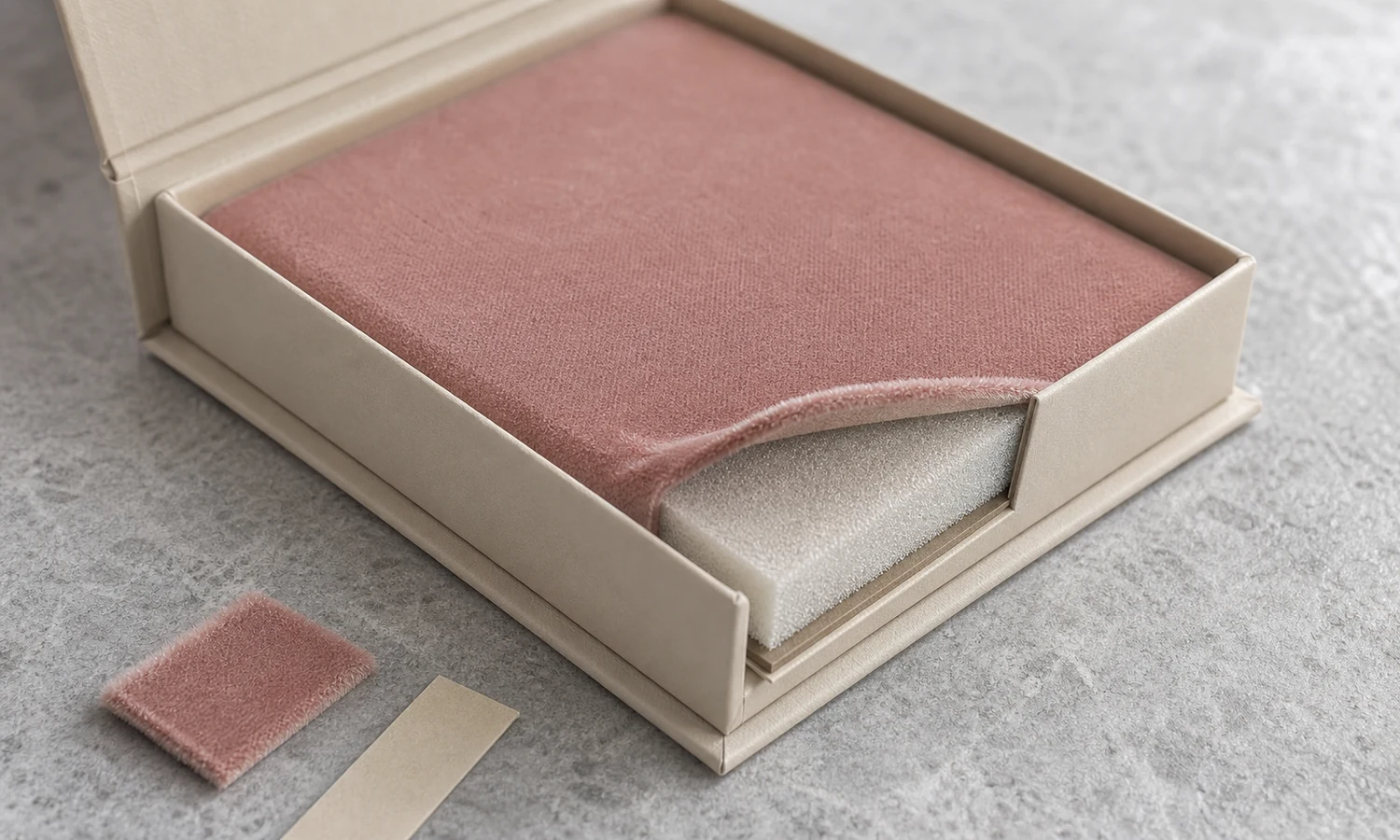Card, foam, velvet-covered, and faux-suede jewelry insert material details.