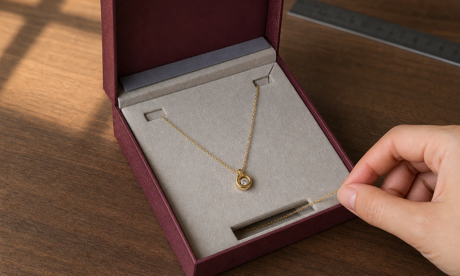 A necklace box insert being checked for chain control, pendant position, and removal access.