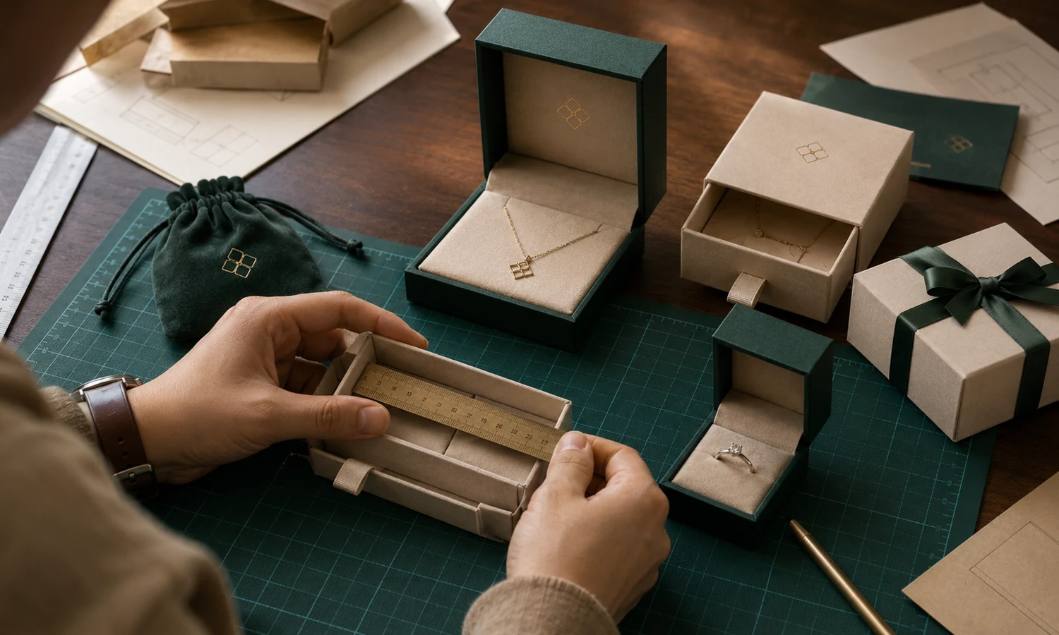 Debossed finishing detail on dark green jewelry box material