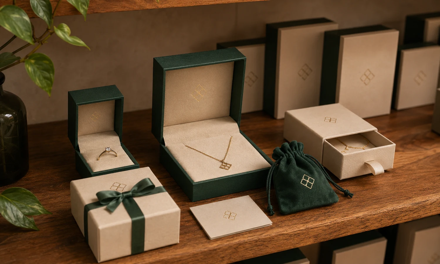 Deep green custom jewelry box sample beside a neutral material swatch