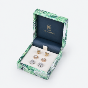 Natural Green Fabric Flip-Top Leaf Pattern Earring Box - open product view - JB-BM-02-P11