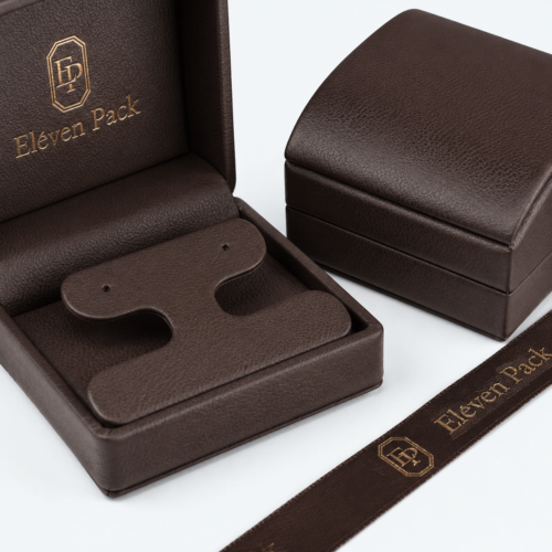 Brown Genuine Leather Ribbon Bow Premium Earring Box - open product view - JB-BM-03-P26