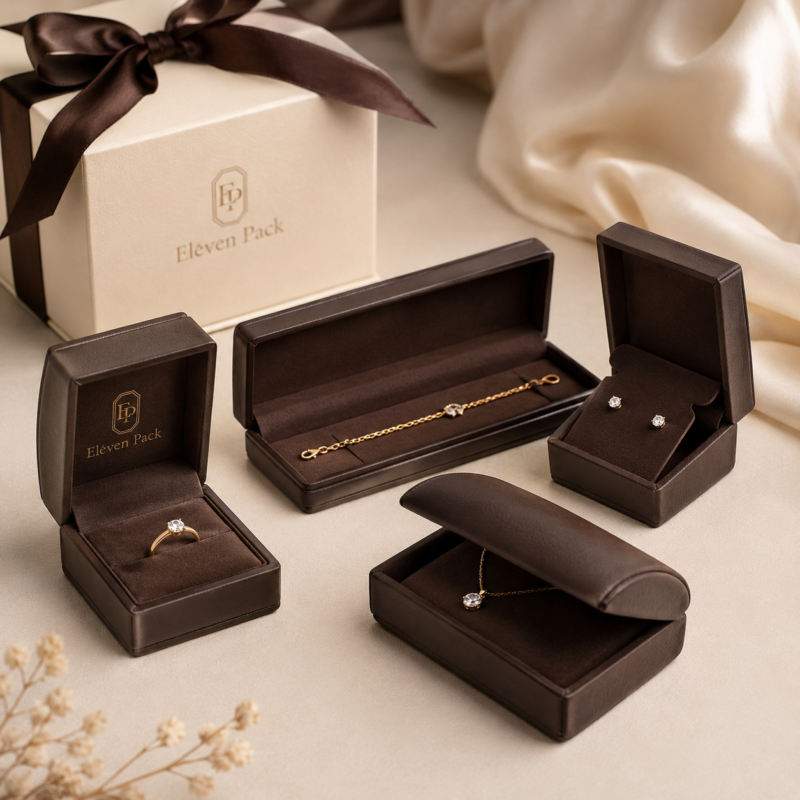 Brown Genuine Leather Ribbon Bow Premium Earring Box - closed product view - JB-BM-03-P26