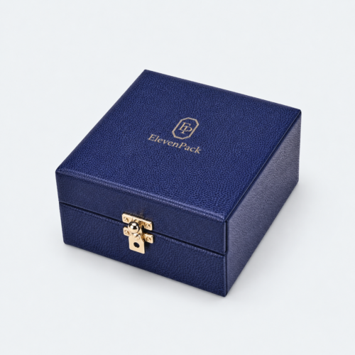 Blue Genuine Leather Button Closure Jewelry Box - closed product view - JB-BM-03-P39