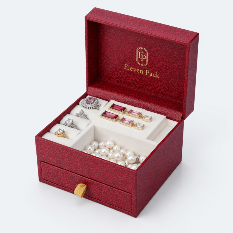 Red Genuine Leather Jewelry Organizer - open product view - JB-BM-03-P40 Red Genuine Leather Jewelry Organizer - open product view - JB-BM-03-P40
