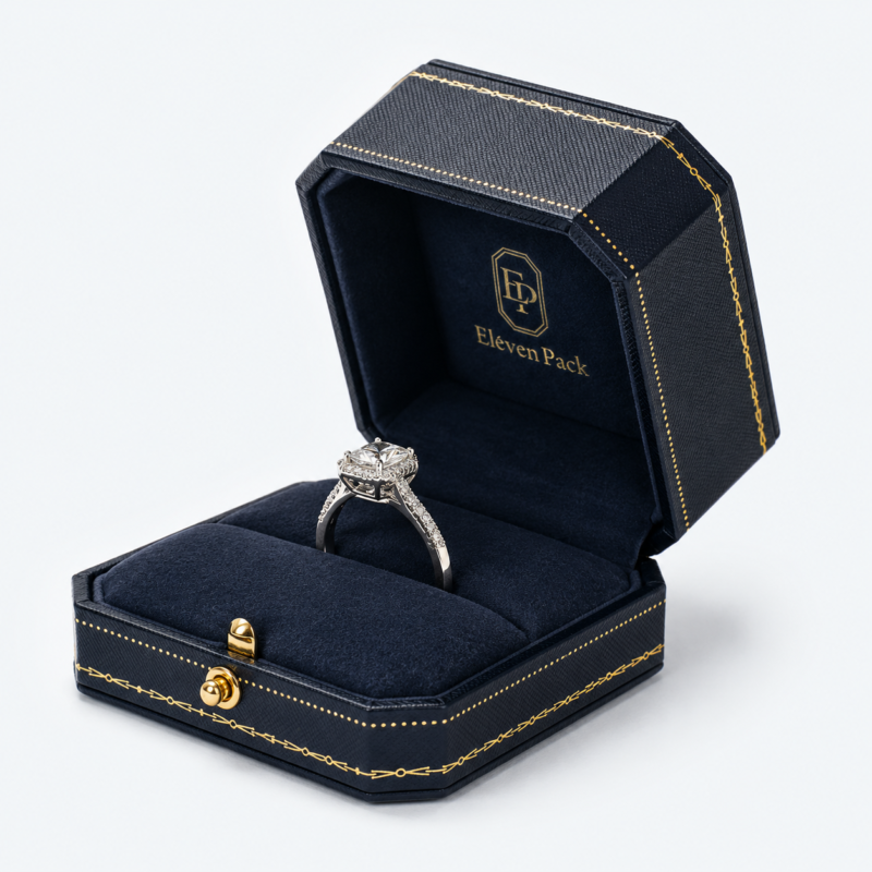 Dark Blue Leather Ring Box with Blue Velvet Lining - open product view - JB-BM-03-P5