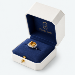 White Leather Ring Box with Blue Velvet Lining - open product view - JB-BM-03-P7