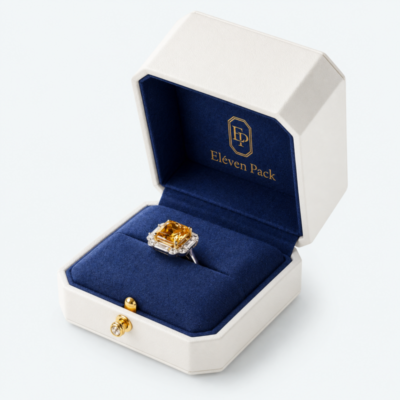 White Leather Ring Box with Blue Velvet Lining - open product view - JB-BM-03-P7
