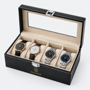 Black Beige Velvet Window Watch Organizer Box - open product view - JB-BM-05-P27 Black Beige Velvet Window Watch Organizer Box - open product view - JB-BM-05-P27