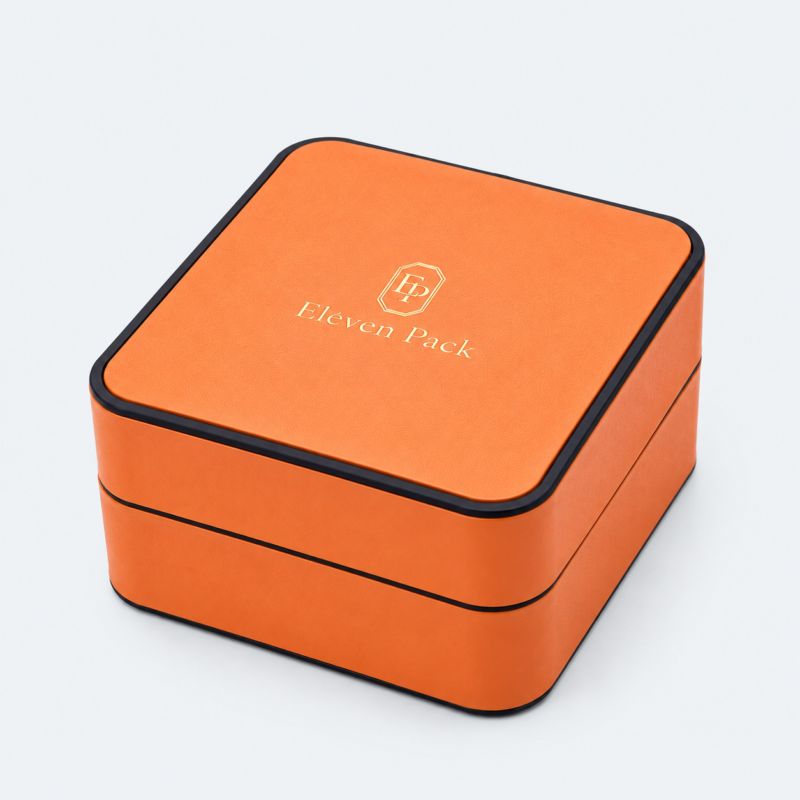 Orange and Black PU Leather Flip-Top Premium Jewelry Packaging Box - closed product view - JB-BM-05-P4 Orange and Black PU Leather Flip-Top Premium Jewelry Packaging Box - closed product view - JB-BM-05-P4