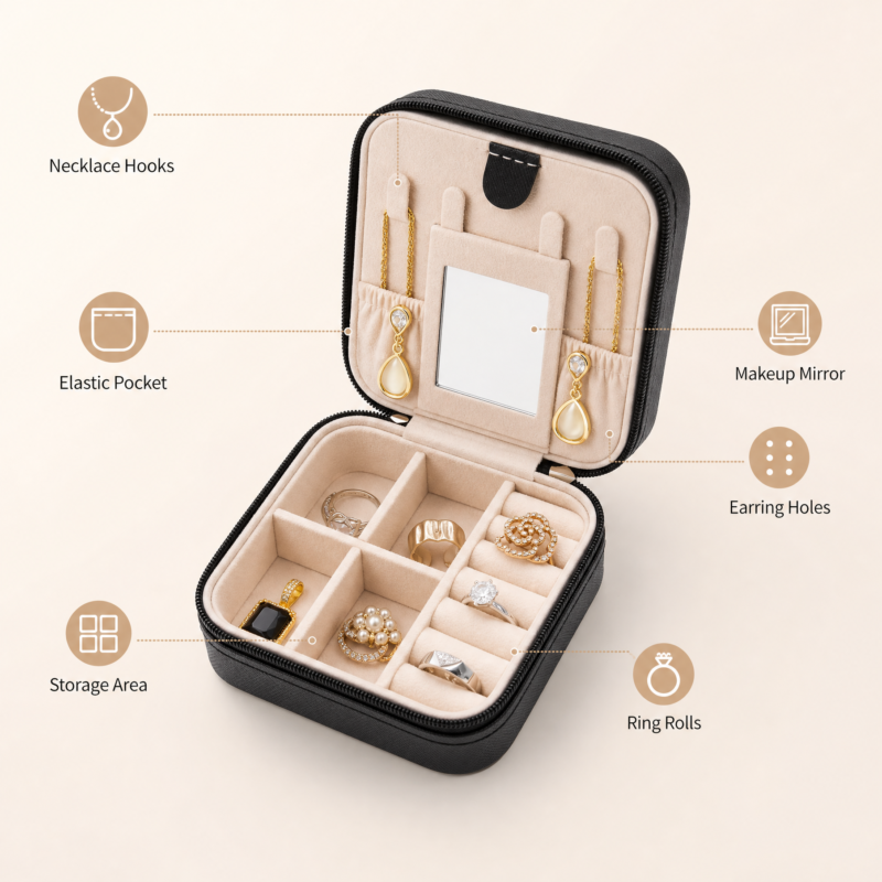 Black PU Leather Jewelry Organizer - lifestyle usage scene - JB-BM-05-P63 Black PU Leather Jewelry Organizer - lifestyle usage scene - JB-BM-05-P63