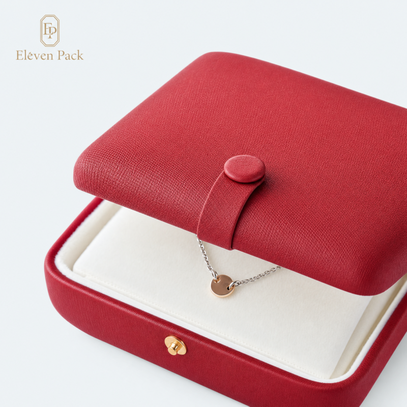 Red PU Leather Button Closure Necklace Box - material or structure detail - JB-BM-05-P67