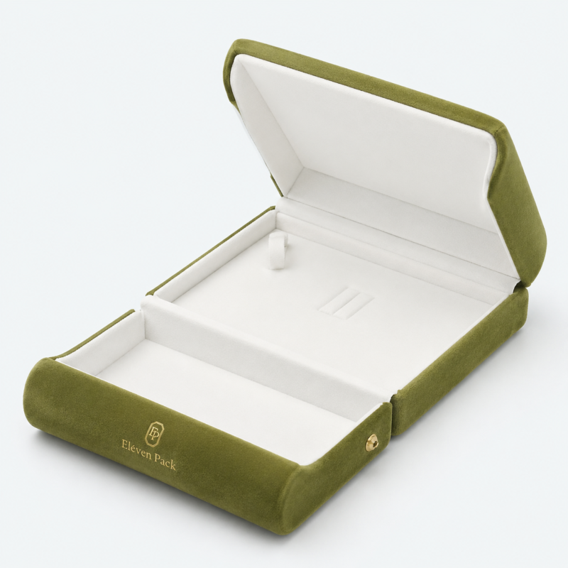 Green Velvet Button Closure Premium Necklace Box - open product view - JB-BM-08-P26 Green Velvet Button Closure Premium Necklace Box - open product view - JB-BM-08-P26