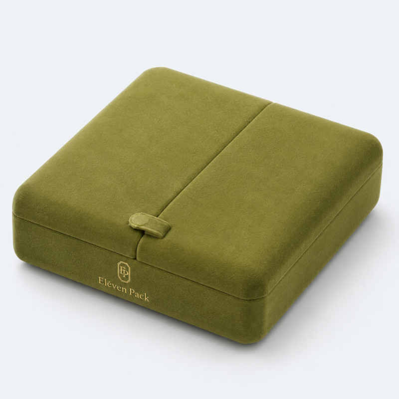 Green Velvet Button Closure Premium Necklace Box - closed product view - JB-BM-08-P26 Green Velvet Button Closure Premium Necklace Box - closed product view - JB-BM-08-P26