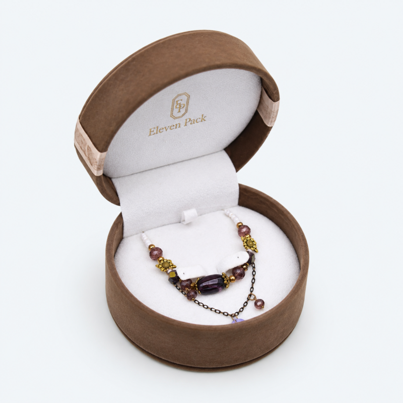 Brown Velvet Round Ribbon Bow Jewelry Packaging Box - open product view - JB-BM-08-P54 Brown Velvet Round Ribbon Bow Jewelry Packaging Box - open product view - JB-BM-08-P54