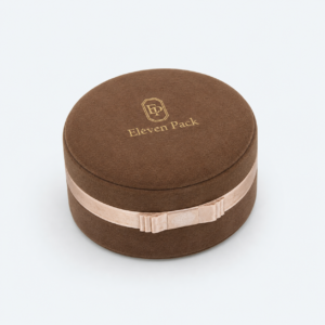 Brown Velvet Round Ribbon Bow Jewelry Packaging Box - closed product view - JB-BM-08-P54 Brown Velvet Round Ribbon Bow Jewelry Packaging Box - closed product view - JB-BM-08-P54