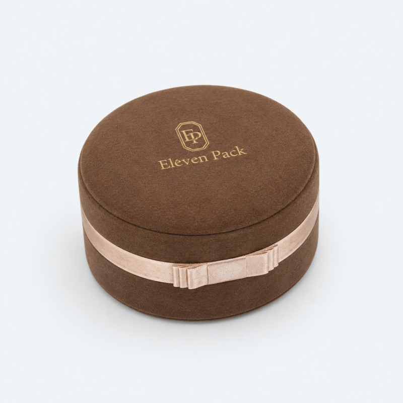 Brown Velvet Round Ribbon Bow Jewelry Packaging Box - closed product view - JB-BM-08-P54 Brown Velvet Round Ribbon Bow Jewelry Packaging Box - closed product view - JB-BM-08-P54