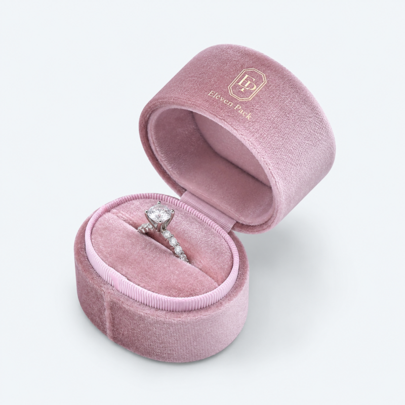 Peach Pink Velvet Oval Round Ring Box - open product view - JB-BM-08-P55