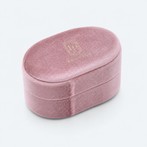 Peach Pink Velvet Oval Round Ring Box - closed product view - JB-BM-08-P55